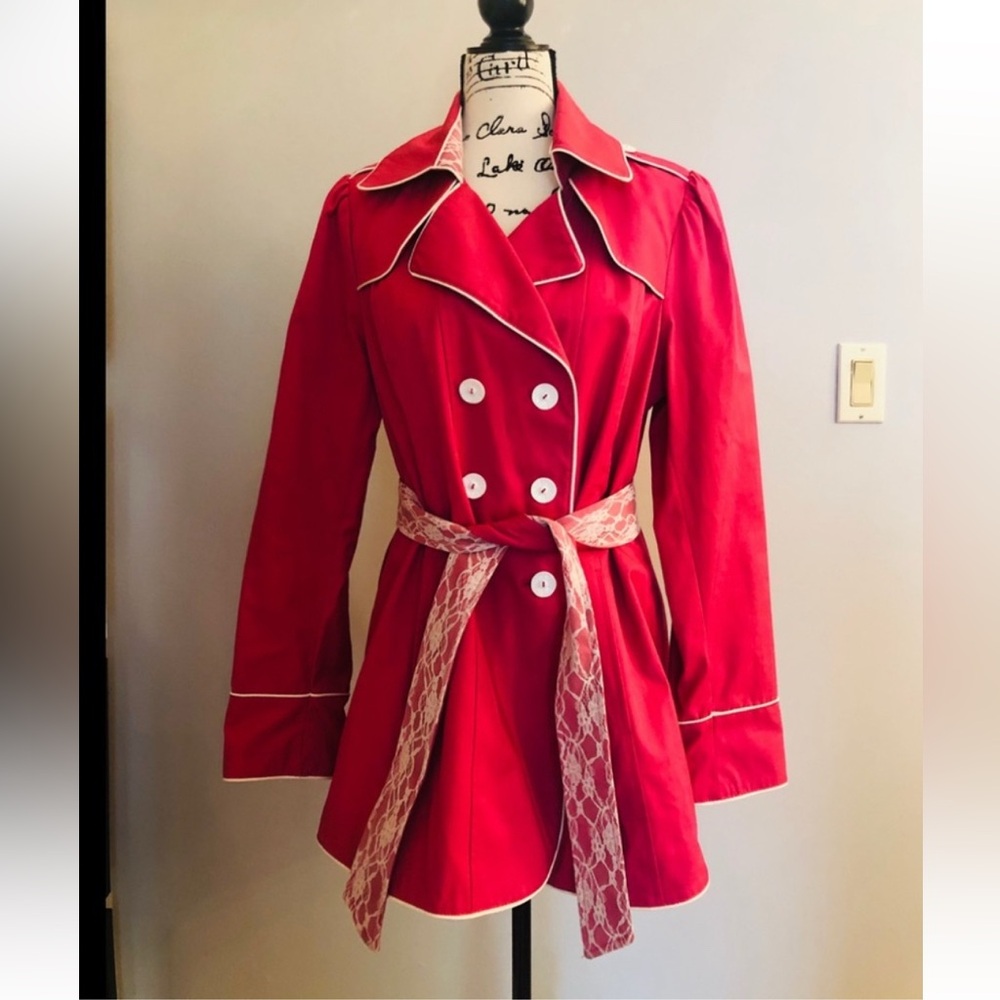 Betsey Johnson Red Trench Coat with White Accents